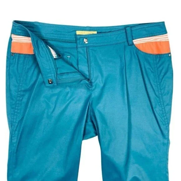 Louis Castel Cropped Golf Pants Womens 12 Teal Blue Striped Trim Outdoor Capri - Picture 2 of 14